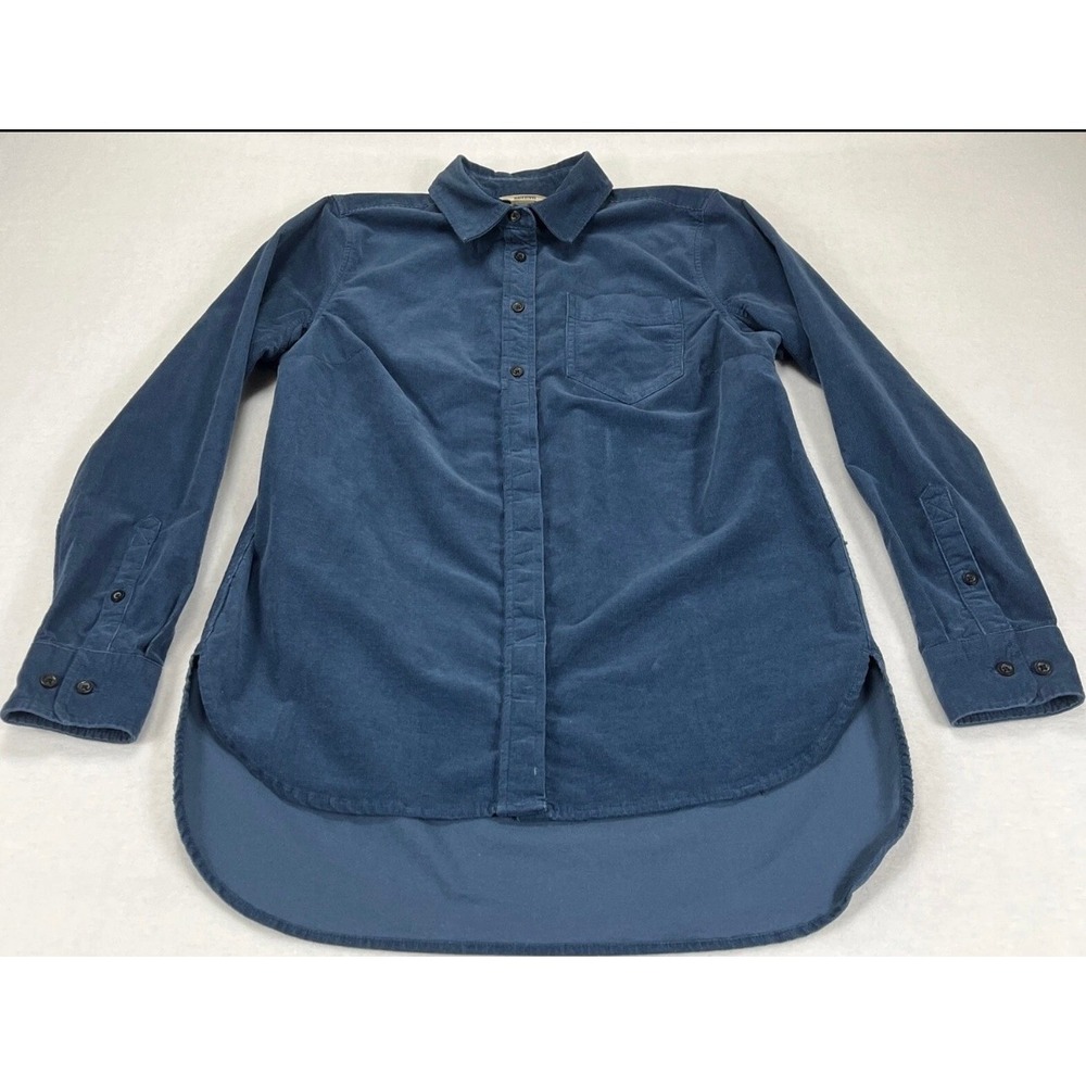 Duluth Trading Co Womens XL Blue Corduroy Button Down Shirt High Low Hem Stretch